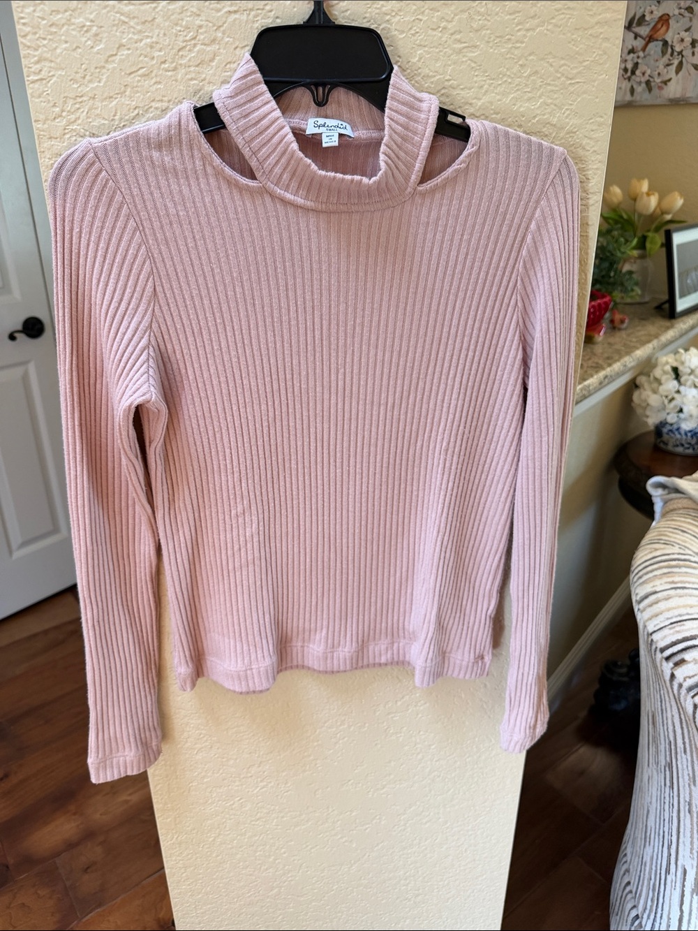 Splendid Blush Pink Ribbed Cutout Mock Neck Sweater